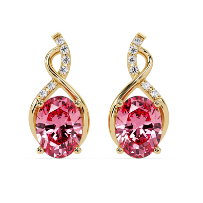 ER CAD-006 swirl oval colorstone drop earrings, Tourmaline Pink, yellow gold