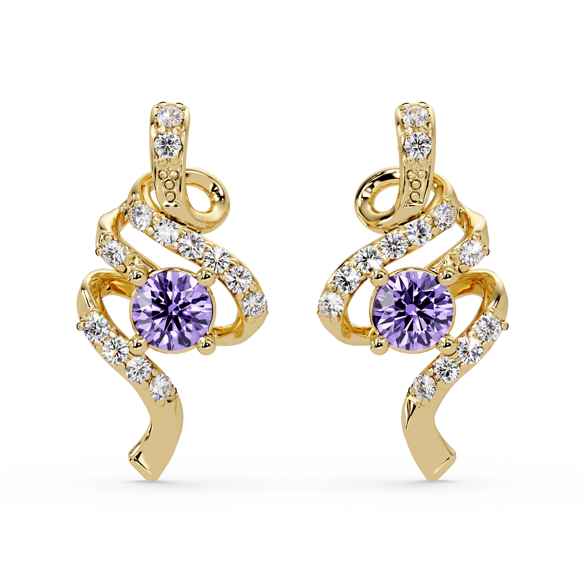 ER CAD007 scroll colorstone stud earrings Amethyst Purple Gold