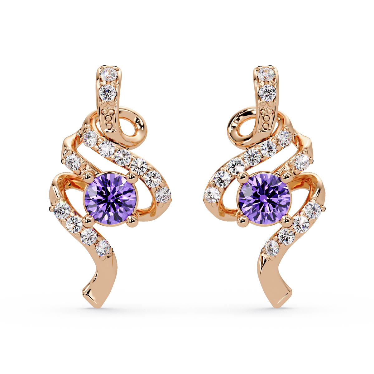 ER CAD007 scroll colorstone stud earrings Amethyst Purple Rose gold