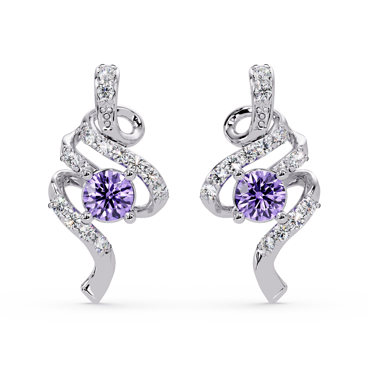 ER CAD007 scroll colorstone stud earrings Amethyst Purple White gold