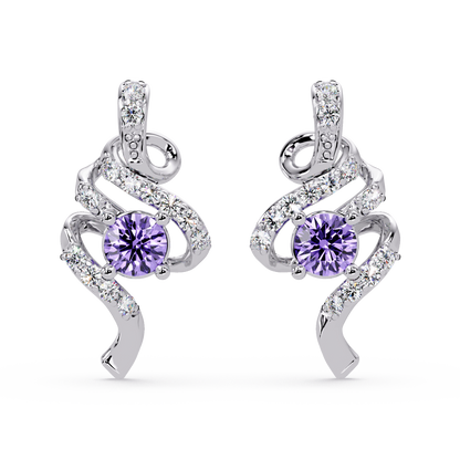 ER CAD007 scroll colorstone stud earrings Amethyst Purple White gold