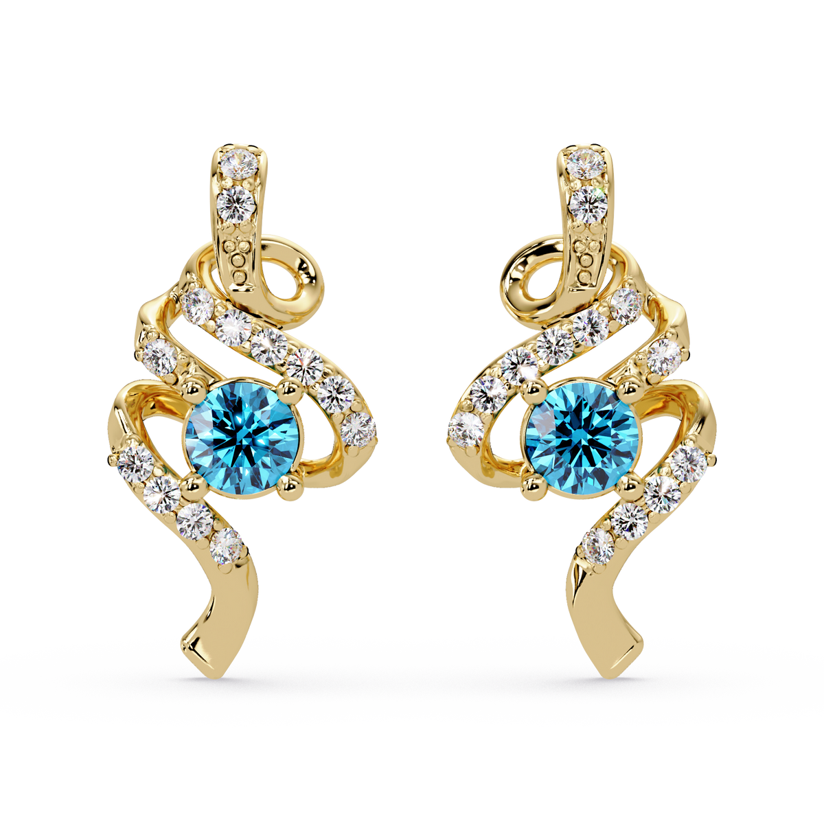 ER CAD007 scroll colorstone stud earrings Aquamarine Blue Gold