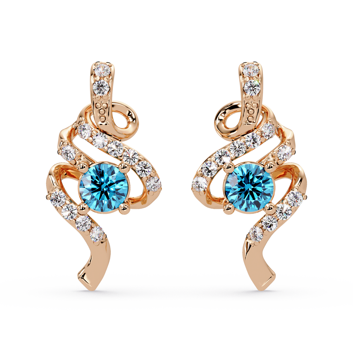 ER CAD007 scroll colorstone stud earrings Aquamarine Blue Rose gold