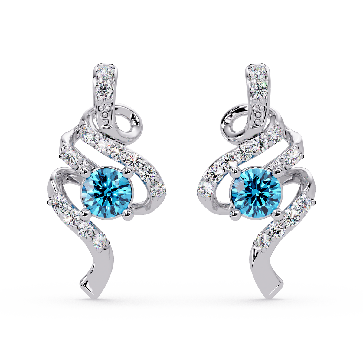 ER CAD007 scroll colorstone stud earrings Aquamarine Blue White gold