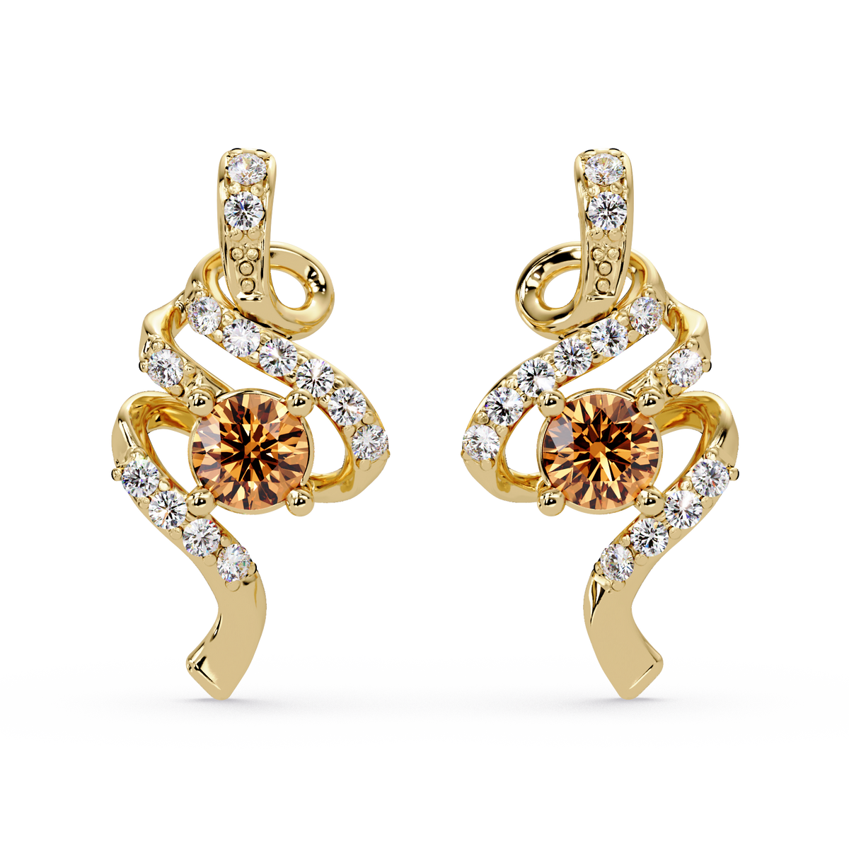 ER CAD007 scroll colorstone stud earrings Champagne Topaz Gold