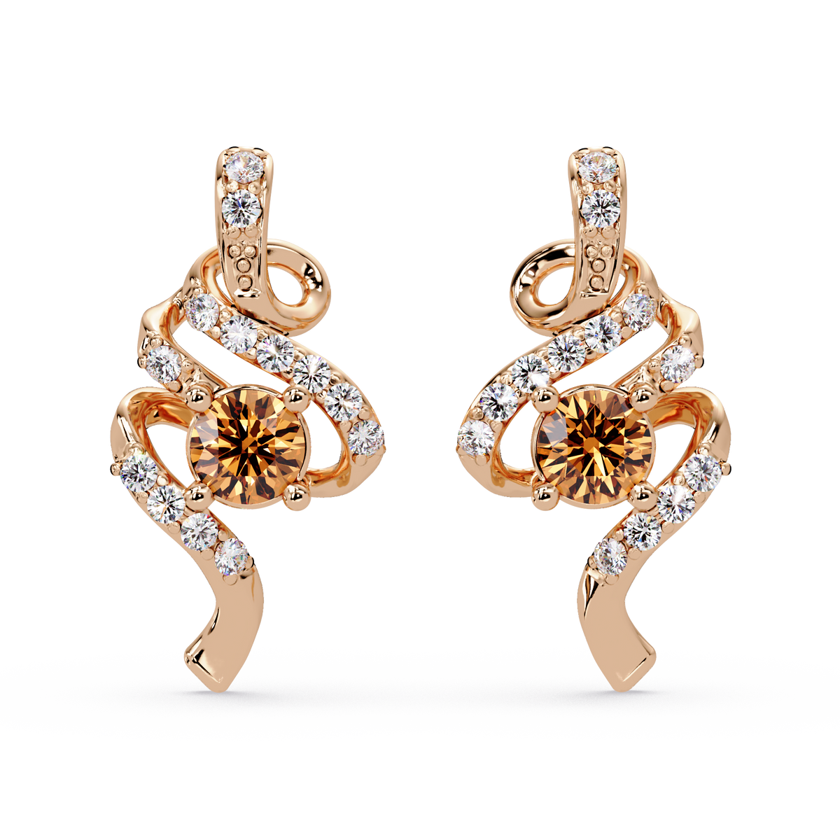 ER CAD007 scroll colorstone stud earrings Champagne Topaz Rose gold