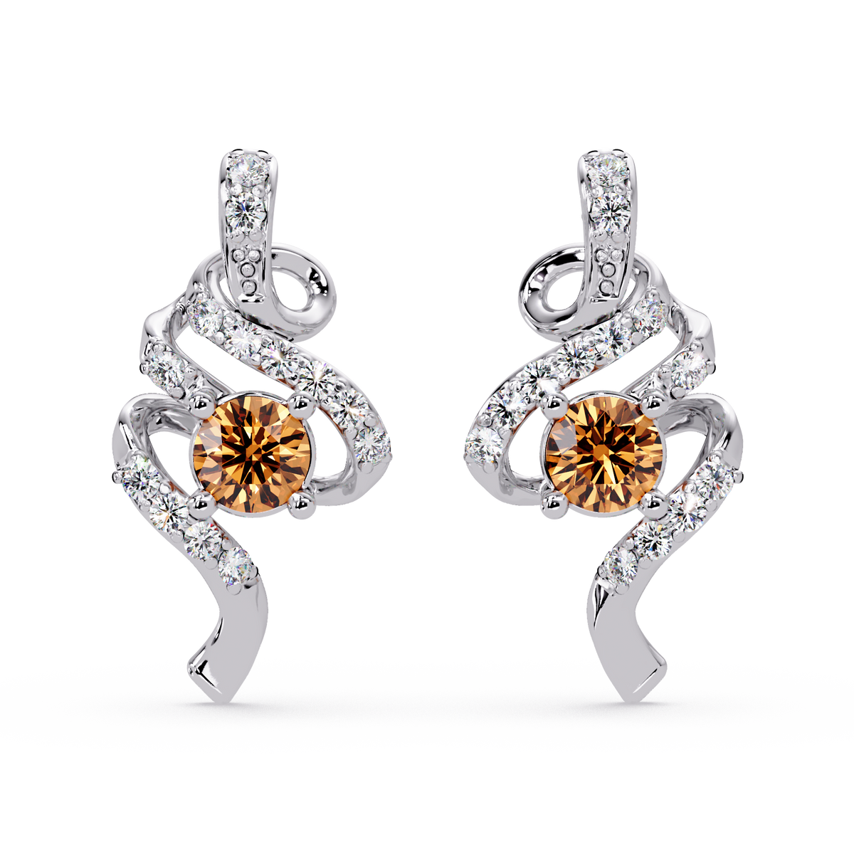ER CAD007 scroll colorstone stud earrings Champagne Topaz White gold