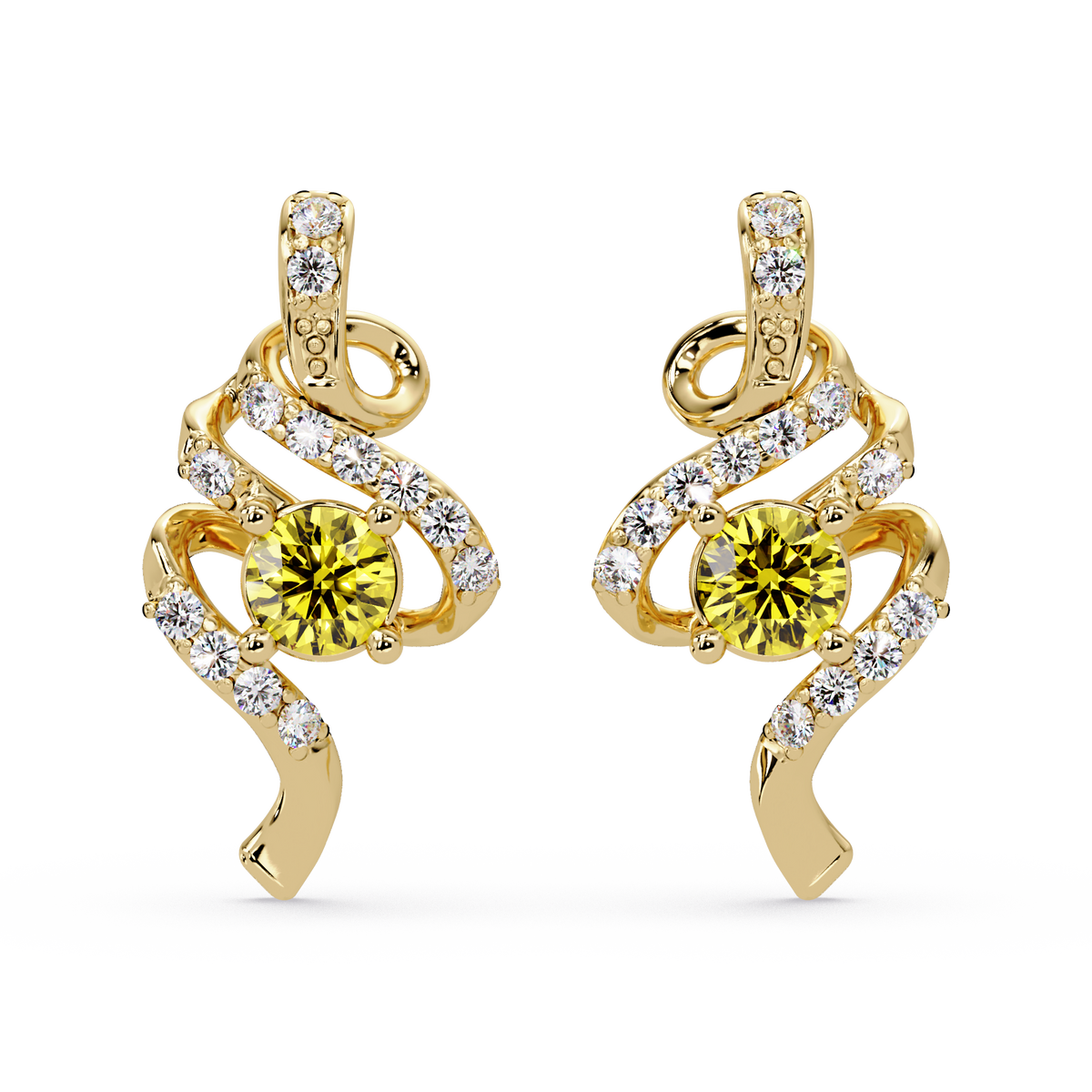ER CAD007 scroll colorstone stud earrings Citrine Yellow Gold