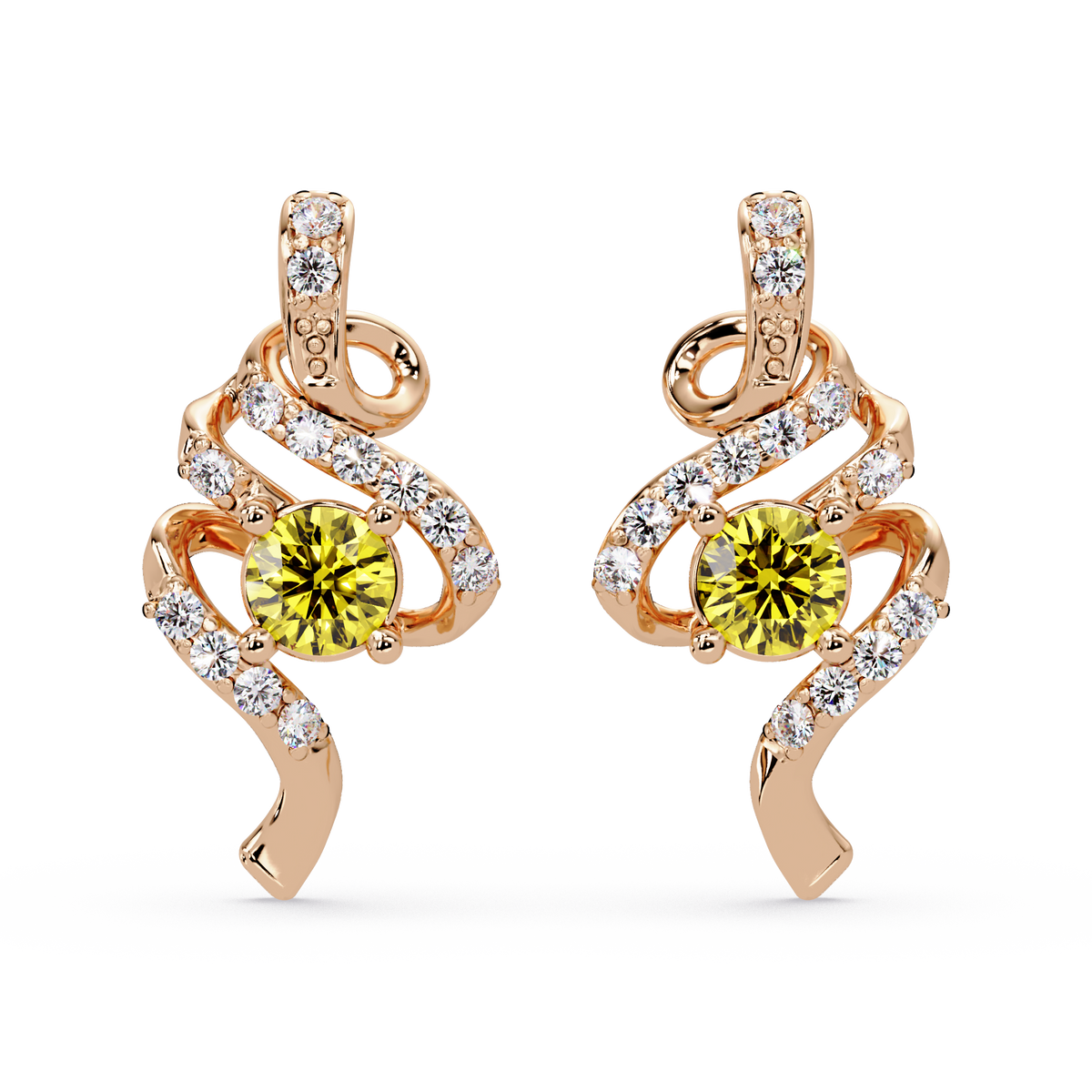 ER CAD007 scroll colorstone stud earrings Citrine Yellow Rose gold