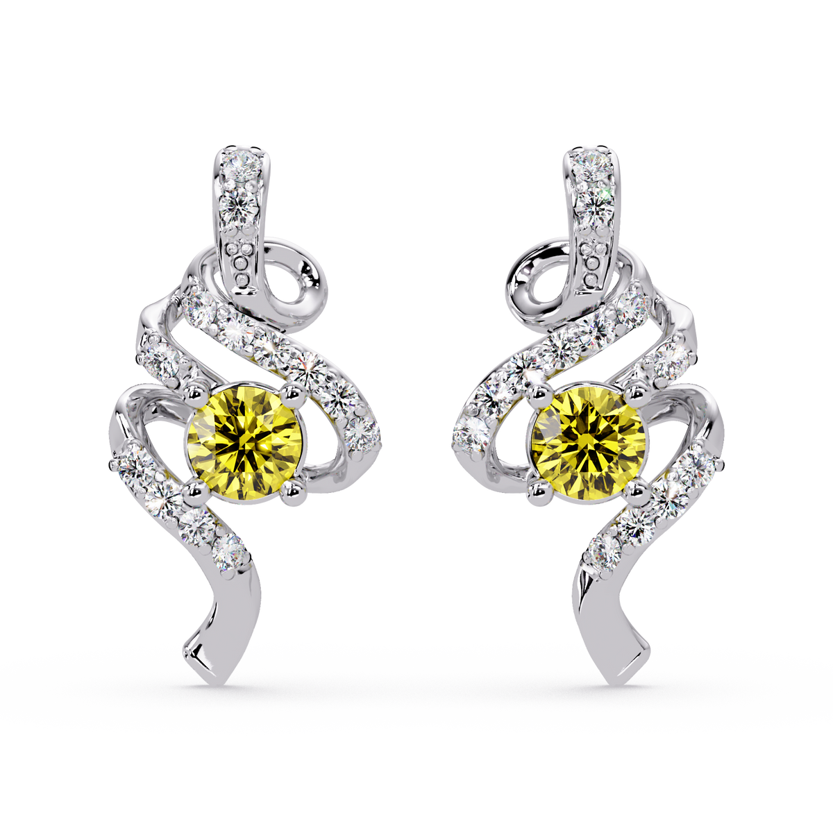 ER CAD007 scroll colorstone stud earrings Citrine Yellow White gold