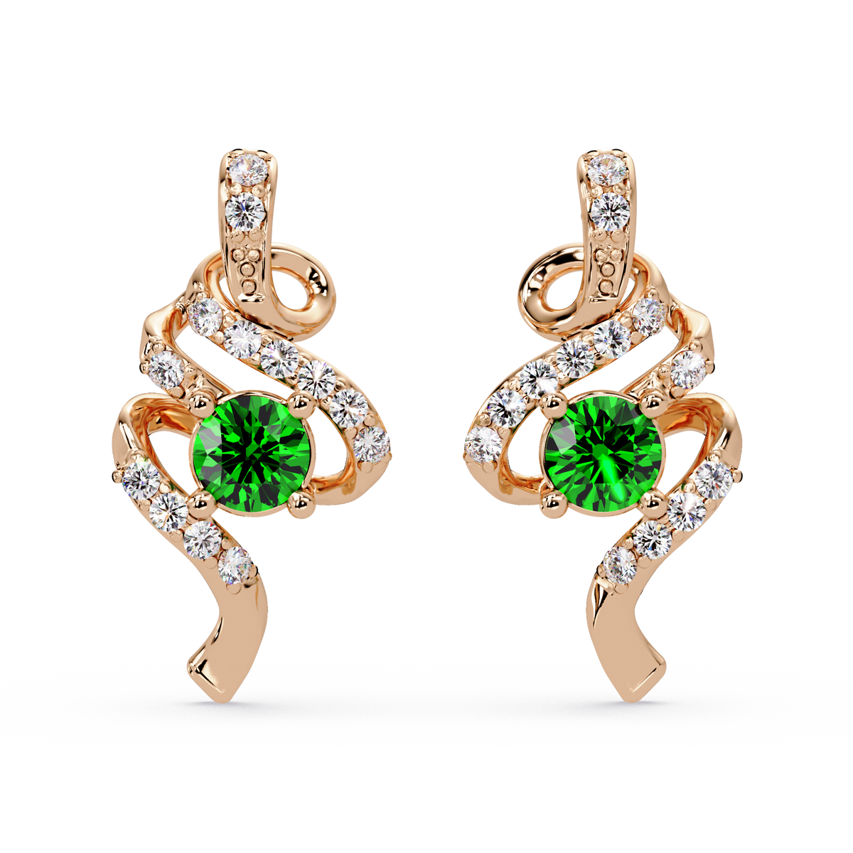 ER CAD007 scroll colorstone stud earrings Emerald Green Rose gold