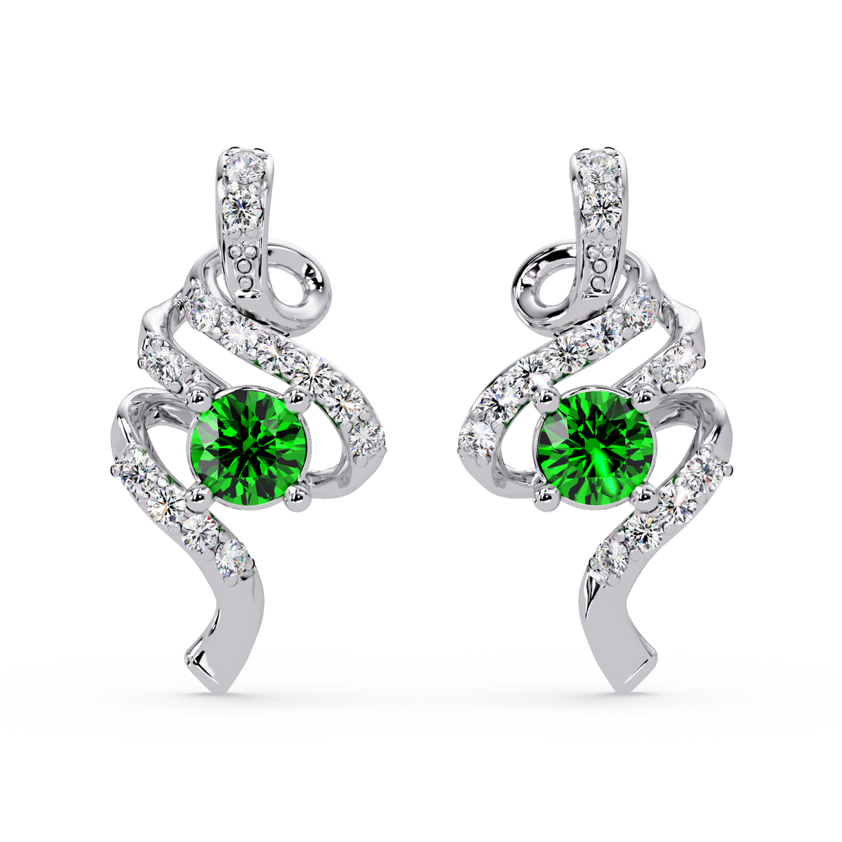 ER CAD007 scroll colorstone stud earrings Emerald Green White gold