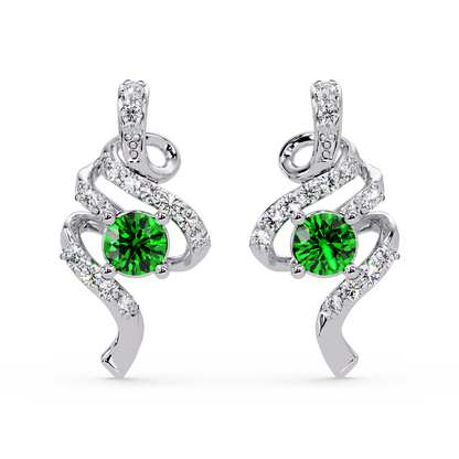 ER CAD007 scroll colorstone stud earrings Emerald Green White gold