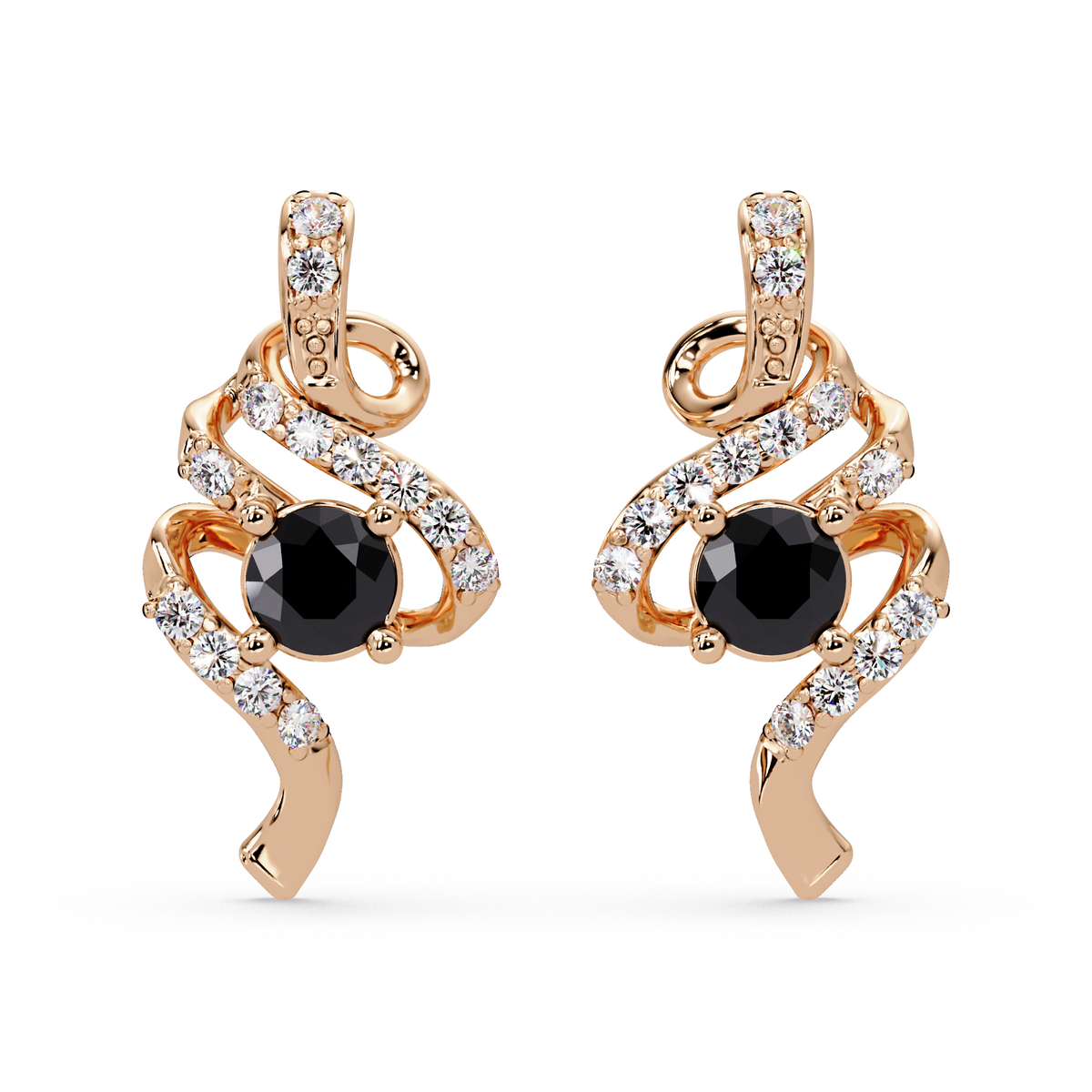 ER CAD007 scroll colorstone stud earrings Onyx Rose gold
