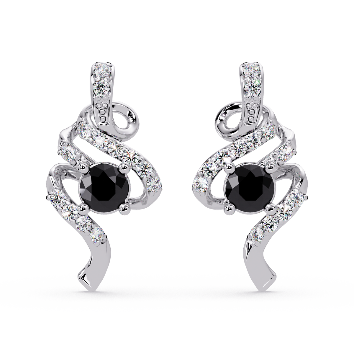 ER CAD007 scroll colorstone stud earrings Onyx White gold