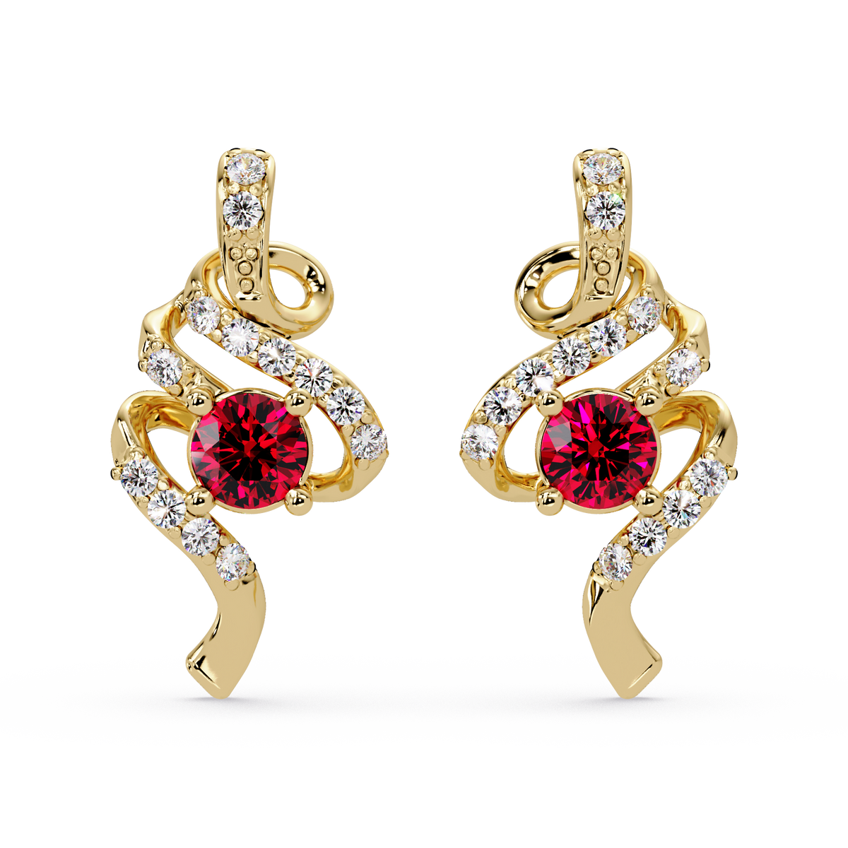 ER CAD007 scroll colorstone stud earrings Ruby Red Gold