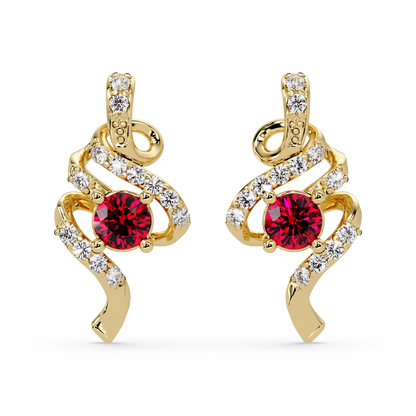 ER CAD007 scroll colorstone stud earrings Ruby Red Gold