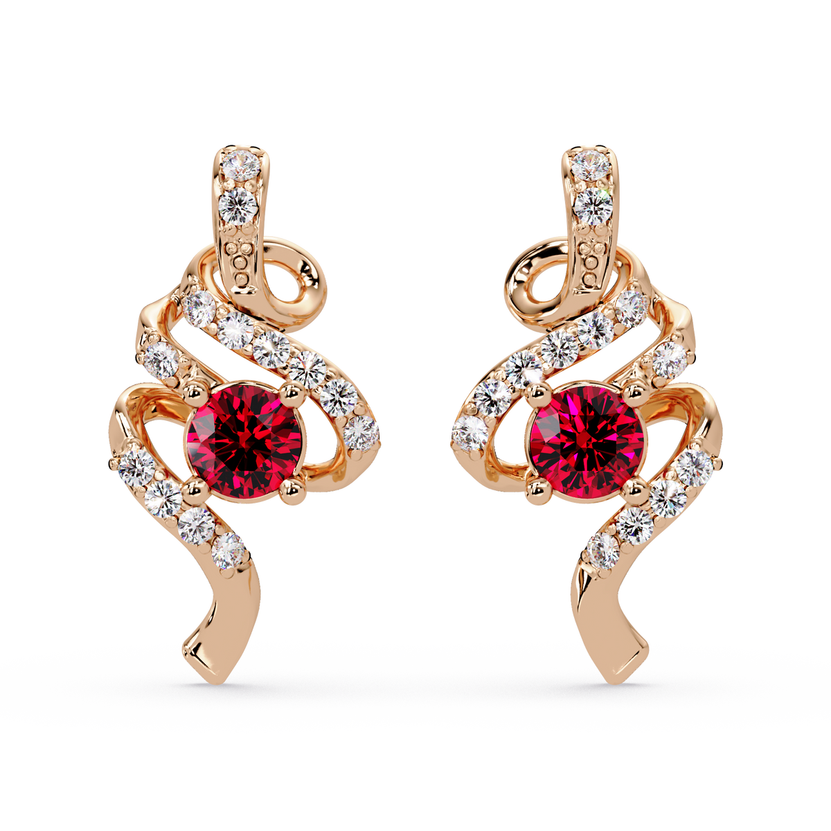 ER CAD007 scroll colorstone stud earrings Ruby Red Rose gold