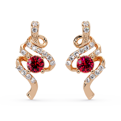 ER CAD007 scroll colorstone stud earrings Ruby Red Rose gold