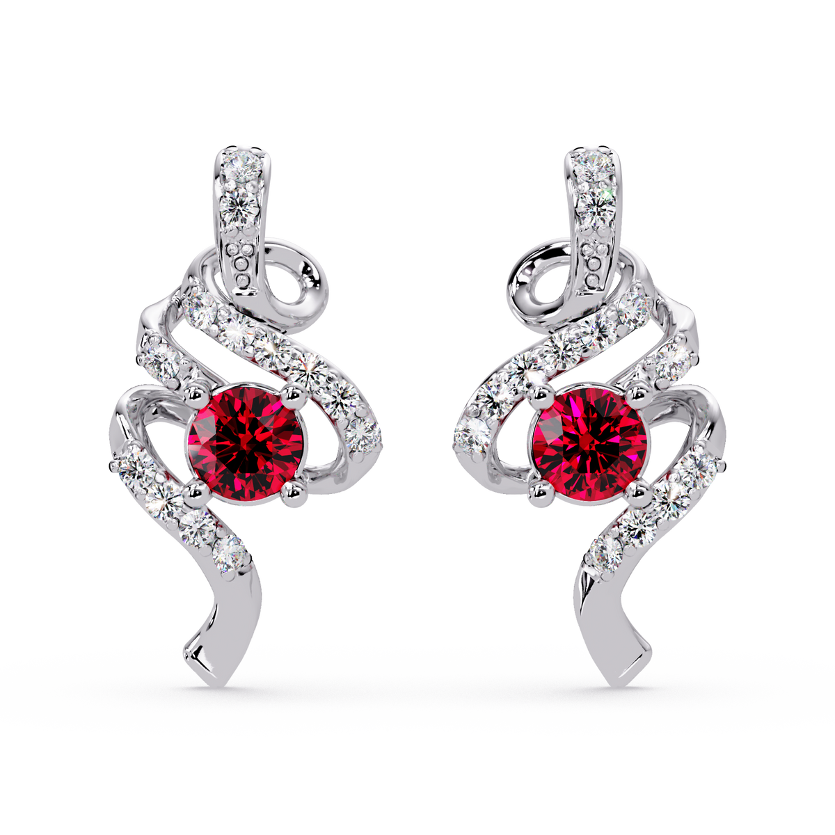 ER CAD007 scroll colorstone stud earrings Ruby Red White gold