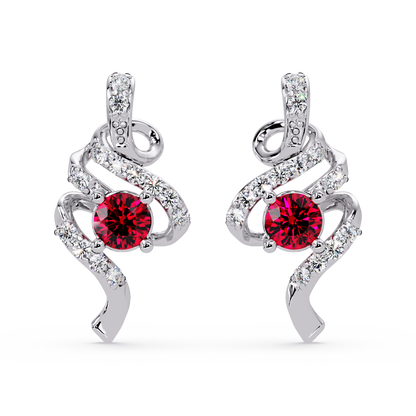 ER CAD007 scroll colorstone stud earrings Ruby Red White gold