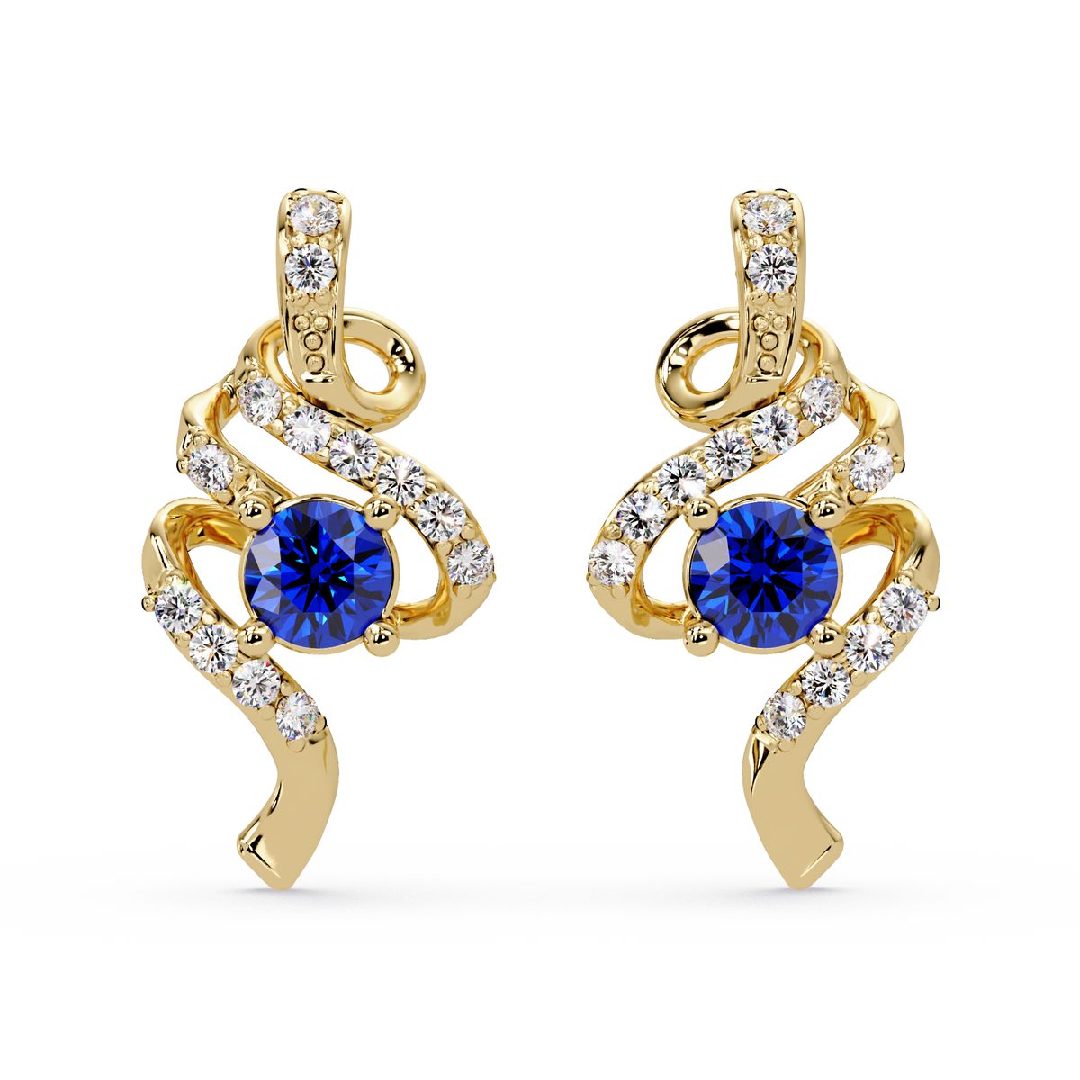 ER CAD007 scroll colorstone stud earrings Sapphire Blue Gold