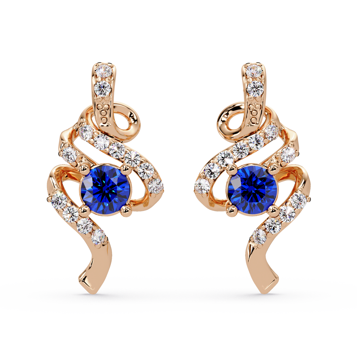 ER CAD007 scroll colorstone stud earrings Sapphire Blue Rose gold