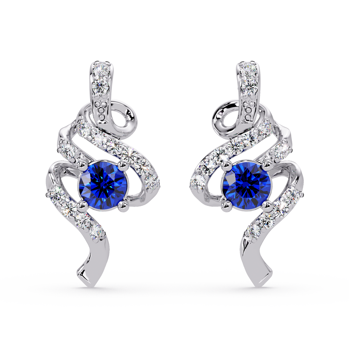 ER CAD007 scroll colorstone stud earrings Sapphire Blue White gold