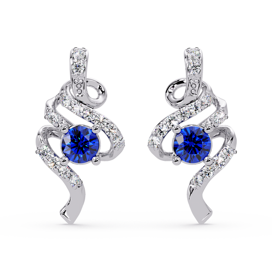 ER CAD007 scroll colorstone stud earrings Sapphire Blue White gold