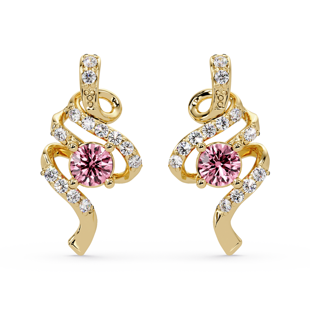 ER CAD007 scroll colorstone stud earrings Tourmaline Pink Gold