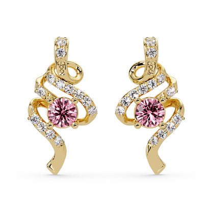 ER CAD007 scroll colorstone stud earrings Tourmaline Pink Gold