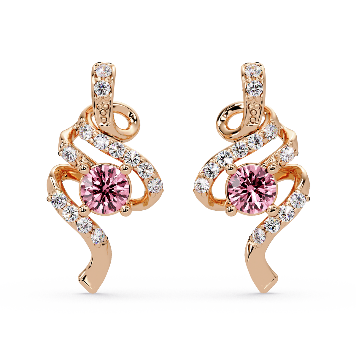 ER CAD007 scroll colorstone stud earrings Tourmaline Pink Rose gold