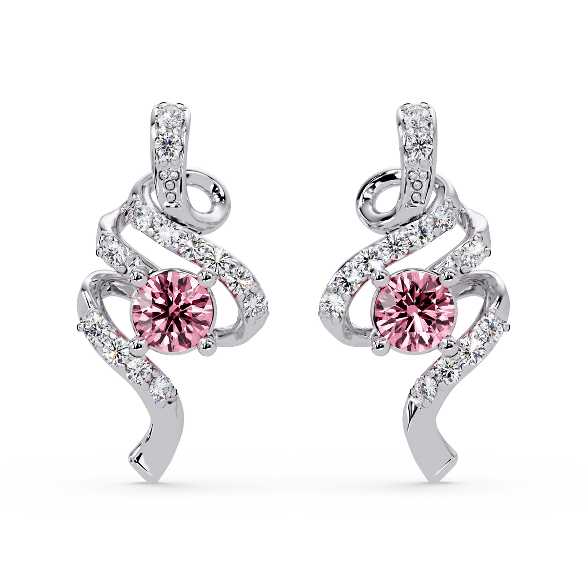 ER CAD007 scroll colorstone stud earrings Tourmaline Pink White gold