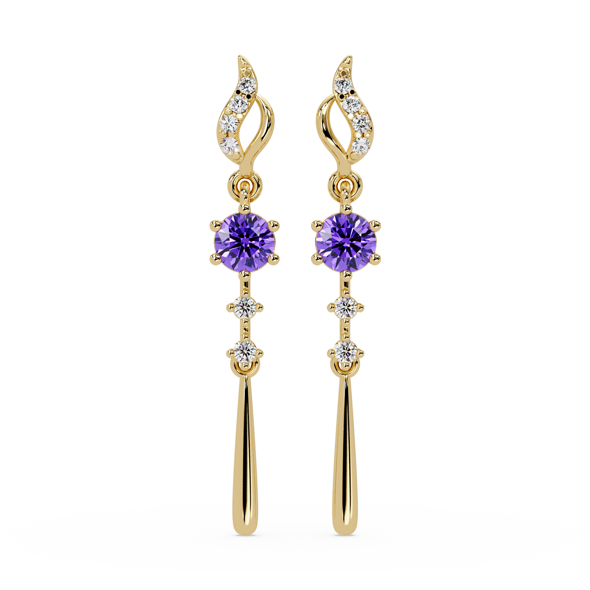 0.6 CTW Round Linear Colorstone Dangle Earrings in Gold, Amethyst Purple gemstone