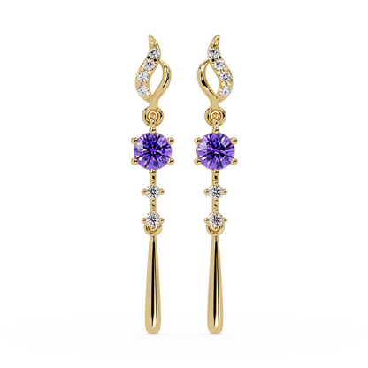 0.6 CTW Round Linear Colorstone Dangle Earrings in Gold, Amethyst Purple gemstone