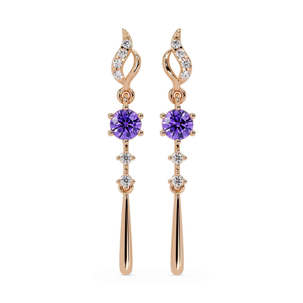 0.6 CTW Round Linear Colorstone Dangle Earrings in Rose gold, Amethyst Purple gemstone