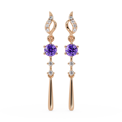 0.6 CTW Round Linear Colorstone Dangle Earrings in Rose gold, Amethyst Purple gemstone