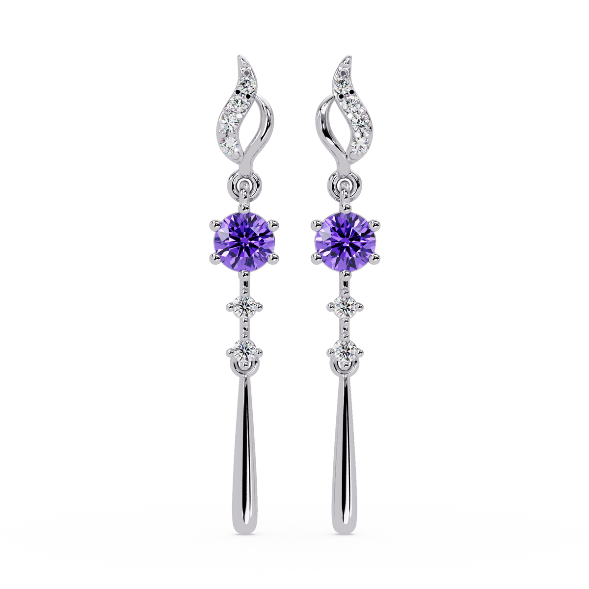 0.6 CTW Round Linear Colorstone Dangle Earrings in White gold, Amethyst Purple gemstone