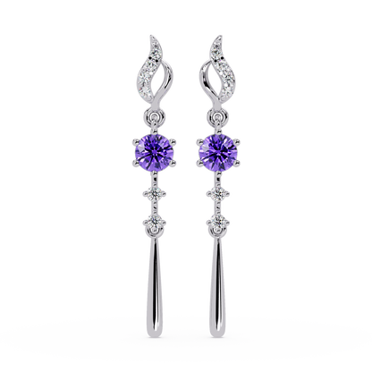 0.6 CTW Round Linear Colorstone Dangle Earrings in White gold, Amethyst Purple gemstone