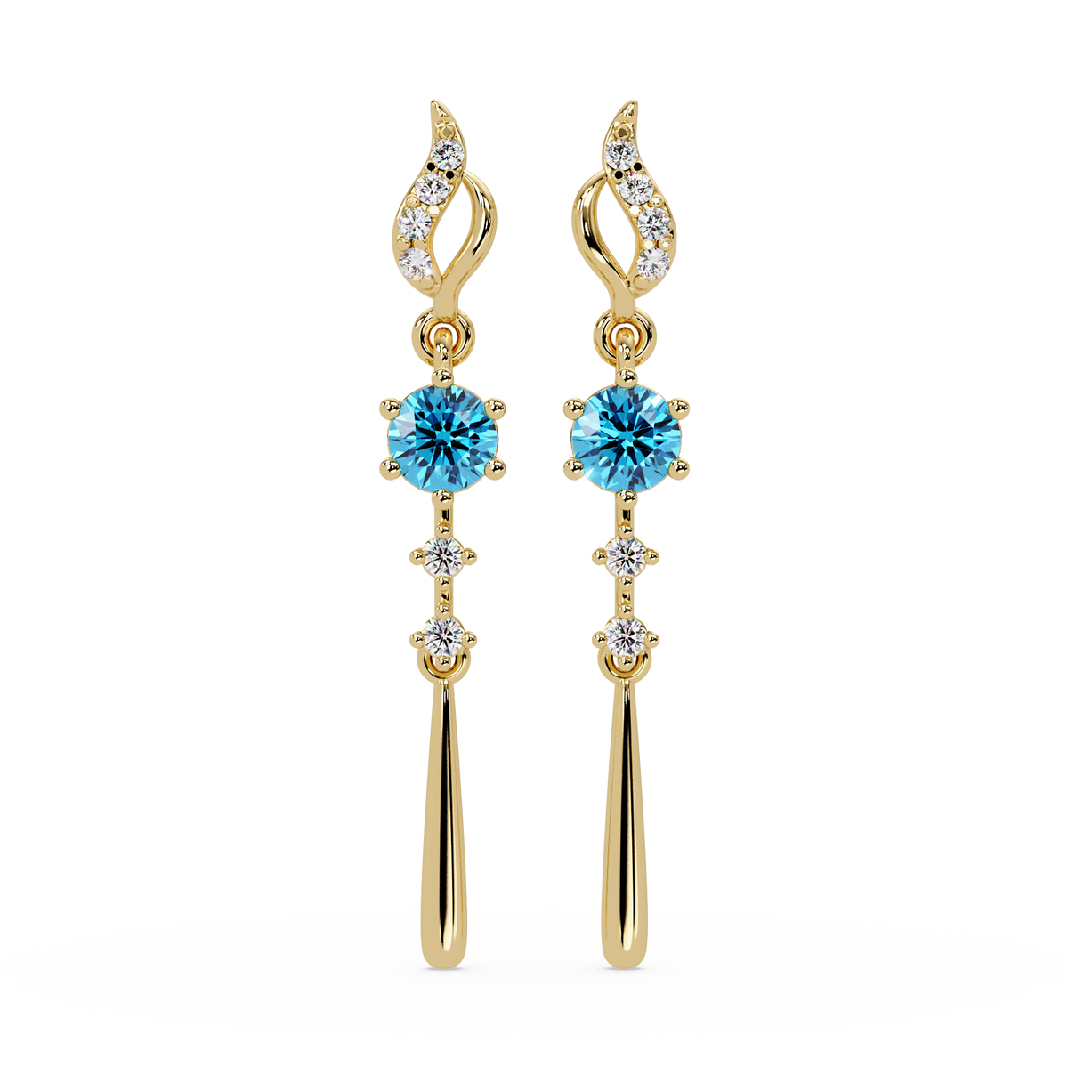 0.6 CTW Round Linear Colorstone Dangle Earrings in Gold, Aquamarine Blue gemstone