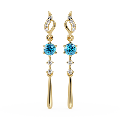 0.6 CTW Round Linear Colorstone Dangle Earrings in Gold, Aquamarine Blue gemstone