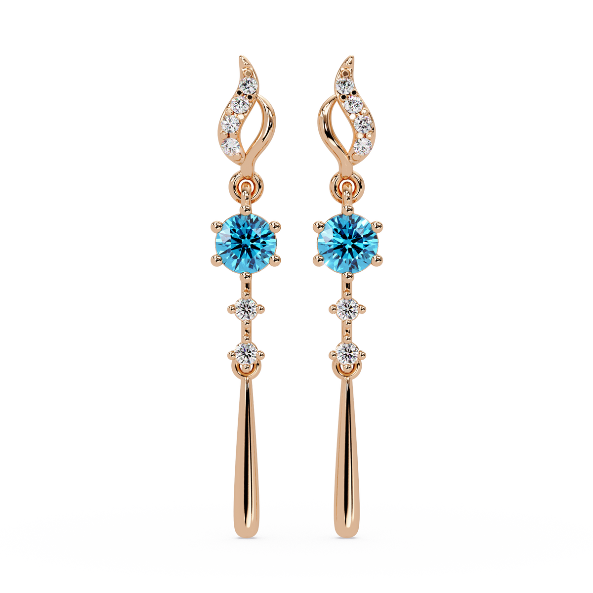 0.6 CTW Round Linear Colorstone Dangle Earrings in Rose gold, Aquamarine Blue gemstone