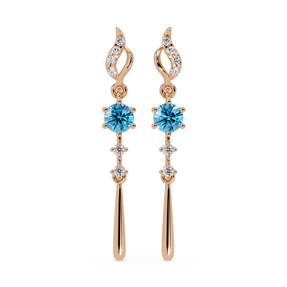 0.6 CTW Round Linear Colorstone Dangle Earrings in Rose gold, Aquamarine Blue gemstone