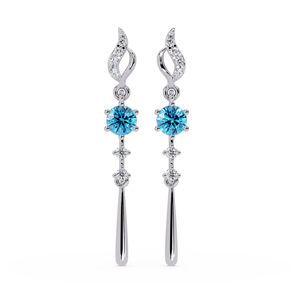 0.6 CTW Round Linear Colorstone Dangle Earrings in White gold, Aquamarine Blue gemstone