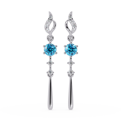 0.6 CTW Round Linear Colorstone Dangle Earrings in White gold, Aquamarine Blue gemstone