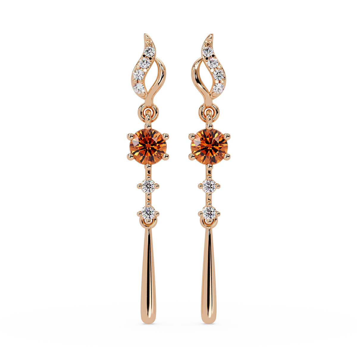 0.6 CTW Round Linear Colorstone Dangle Earrings in Rose gold, Champagne Topaz gemstone