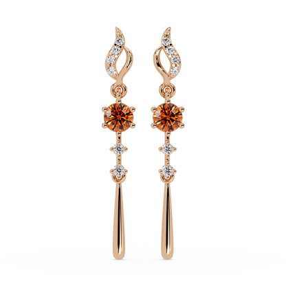 0.6 CTW Round Linear Colorstone Dangle Earrings in Rose gold, Champagne Topaz gemstone