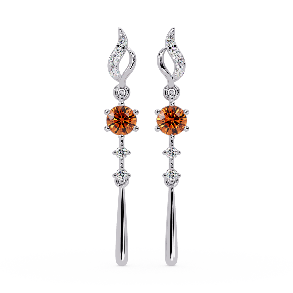 0.6 CTW Round Linear Colorstone Dangle Earrings in White gold, Champagne Topaz gemstone