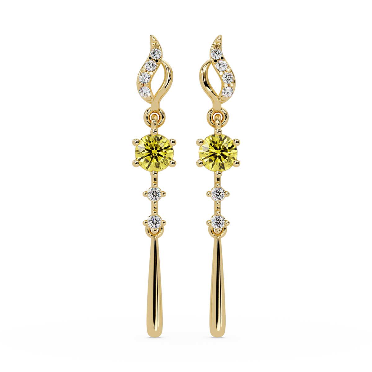 0.6 CTW Round Linear Colorstone Dangle Earrings in Gold, Citrine Yellow gemstone