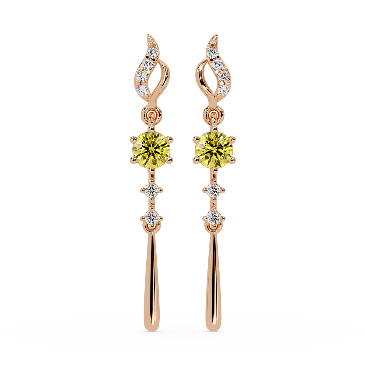 0.6 CTW Round Linear Colorstone Dangle Earrings in Rose gold, Citrine Yellow gemstone